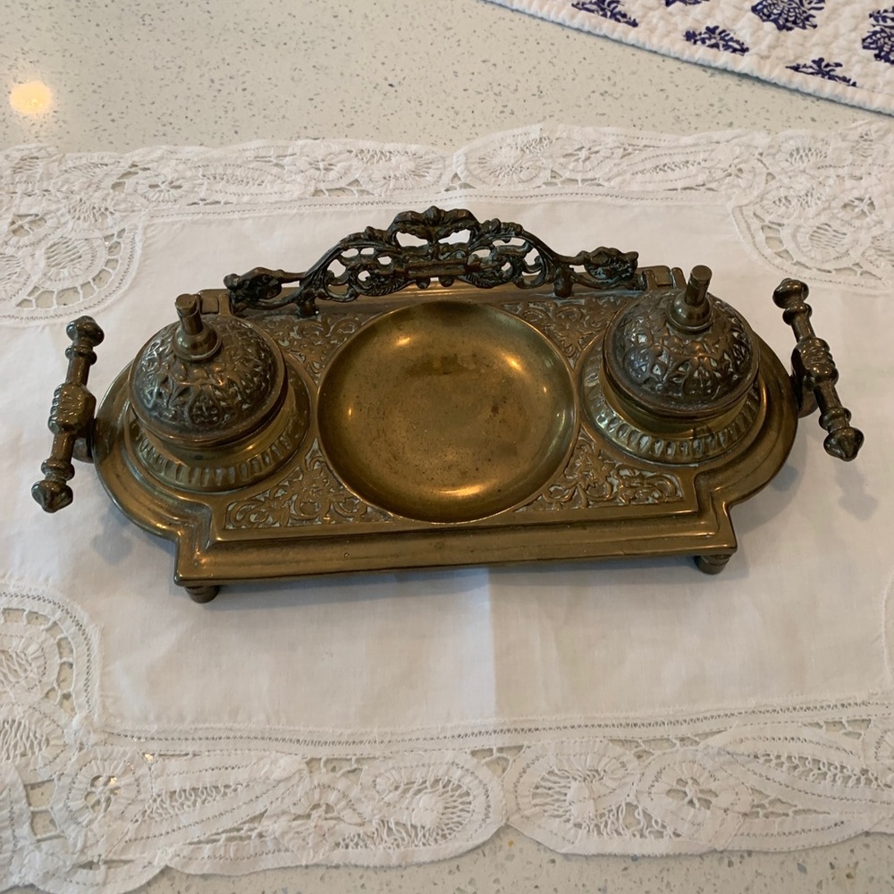 Old Cast Brass Inkwell Desk Set Stamp Press Letter Holder Heavy Metal